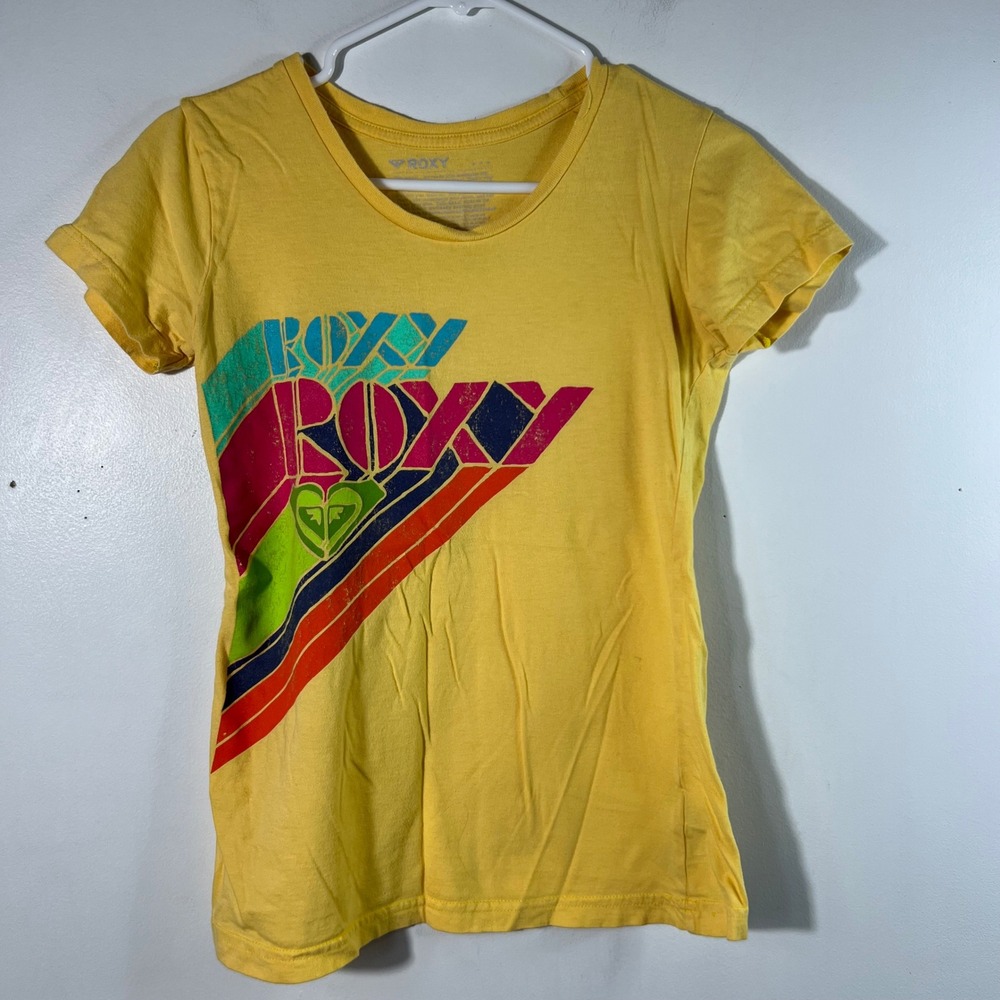 Womens Vintage Y2K Roxy Tee Shirt Short Sleeves Wear Fade Yellow M Cotton